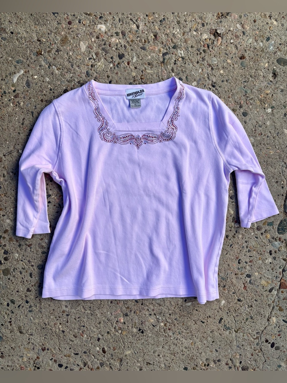 Knotholes & Lacer Soft Pink Long Sleeve Rhinestone Square Neck Top XL